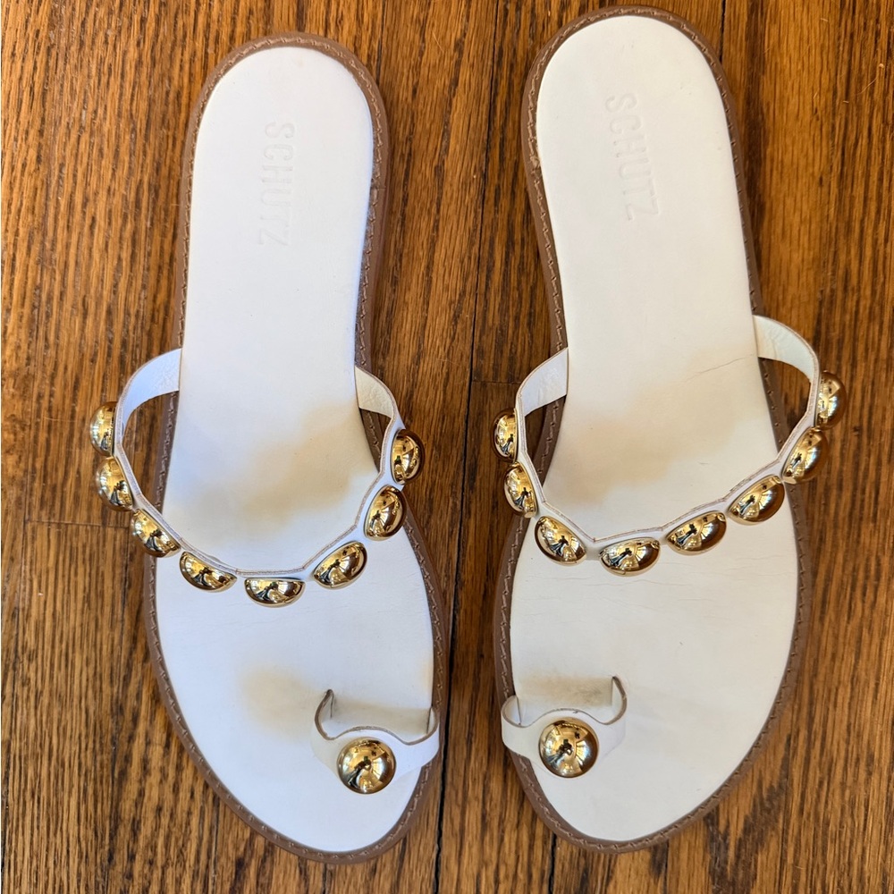 SCHUTZ White Sandals with Gold Accents